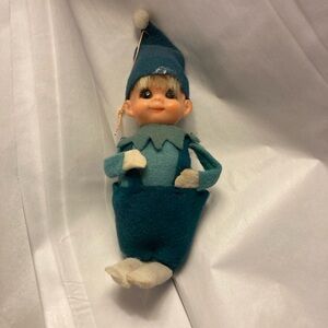 Vintage 1950s made in Japan has sticker green Blue felt Elf pixie ornament